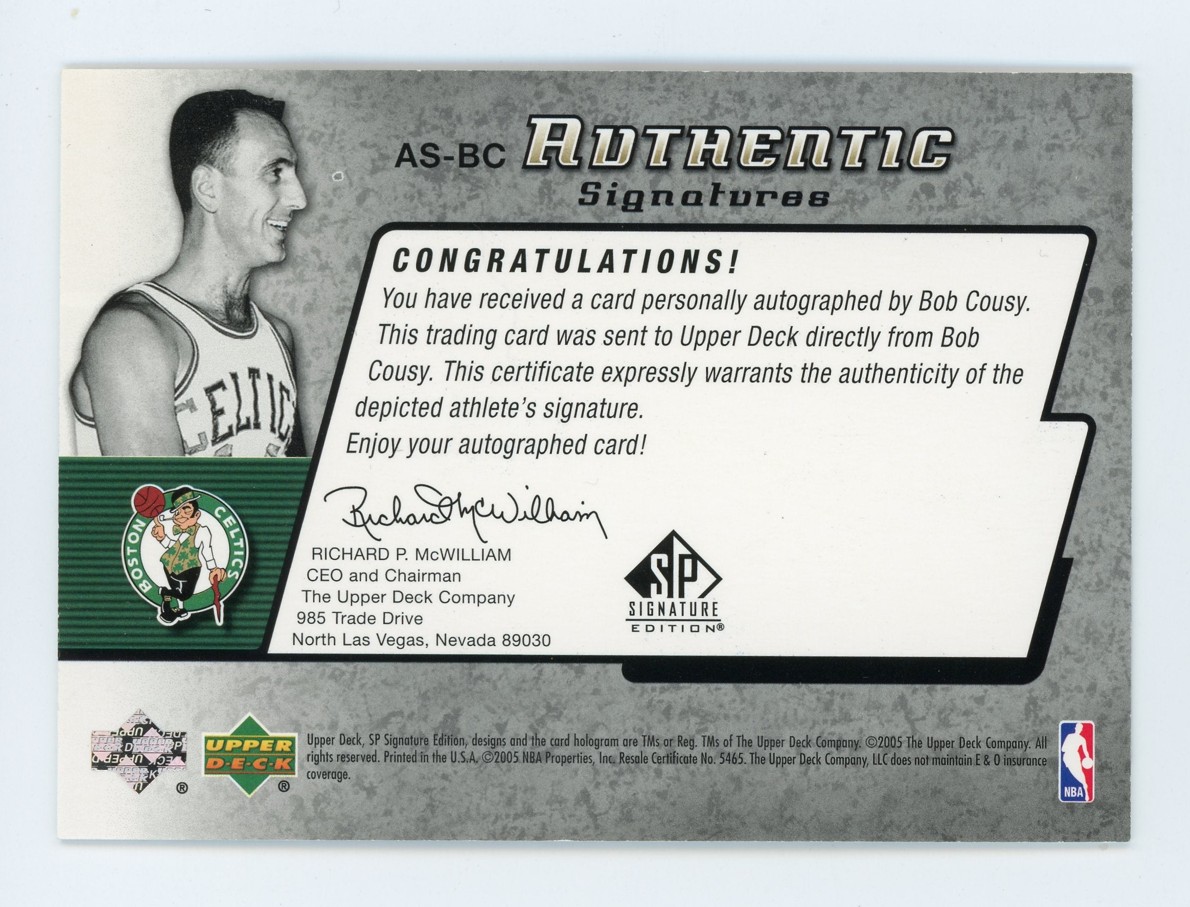 Bob Cousy 2005 UD SP Signature Edition #AS-BC Boston Celtics Auto   