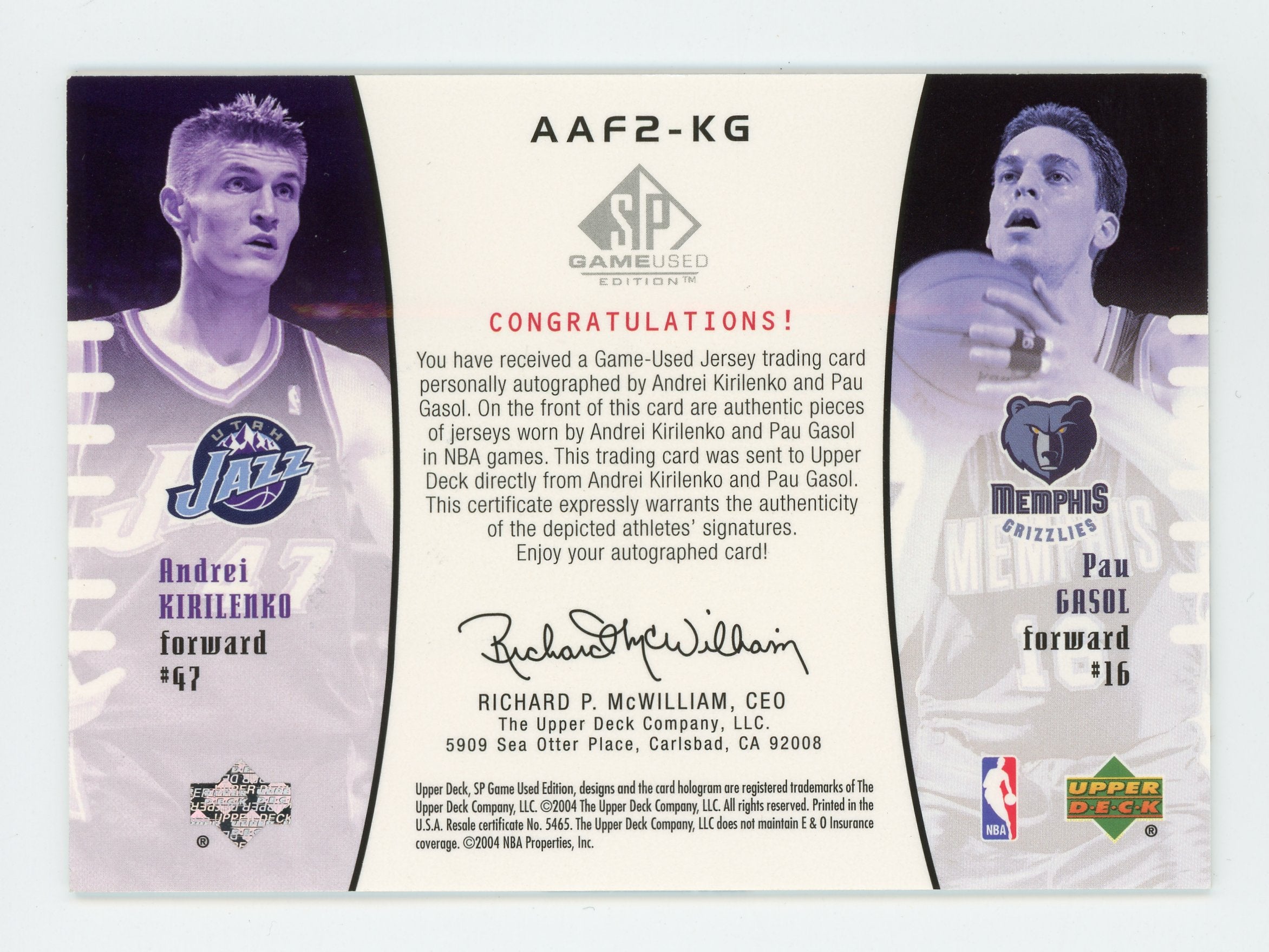 Pau Gasol Andrei Kirilenko 2004-05 UD SP Game Used Edition Authentic Fabrics Auto /50 #AAF2-KG   