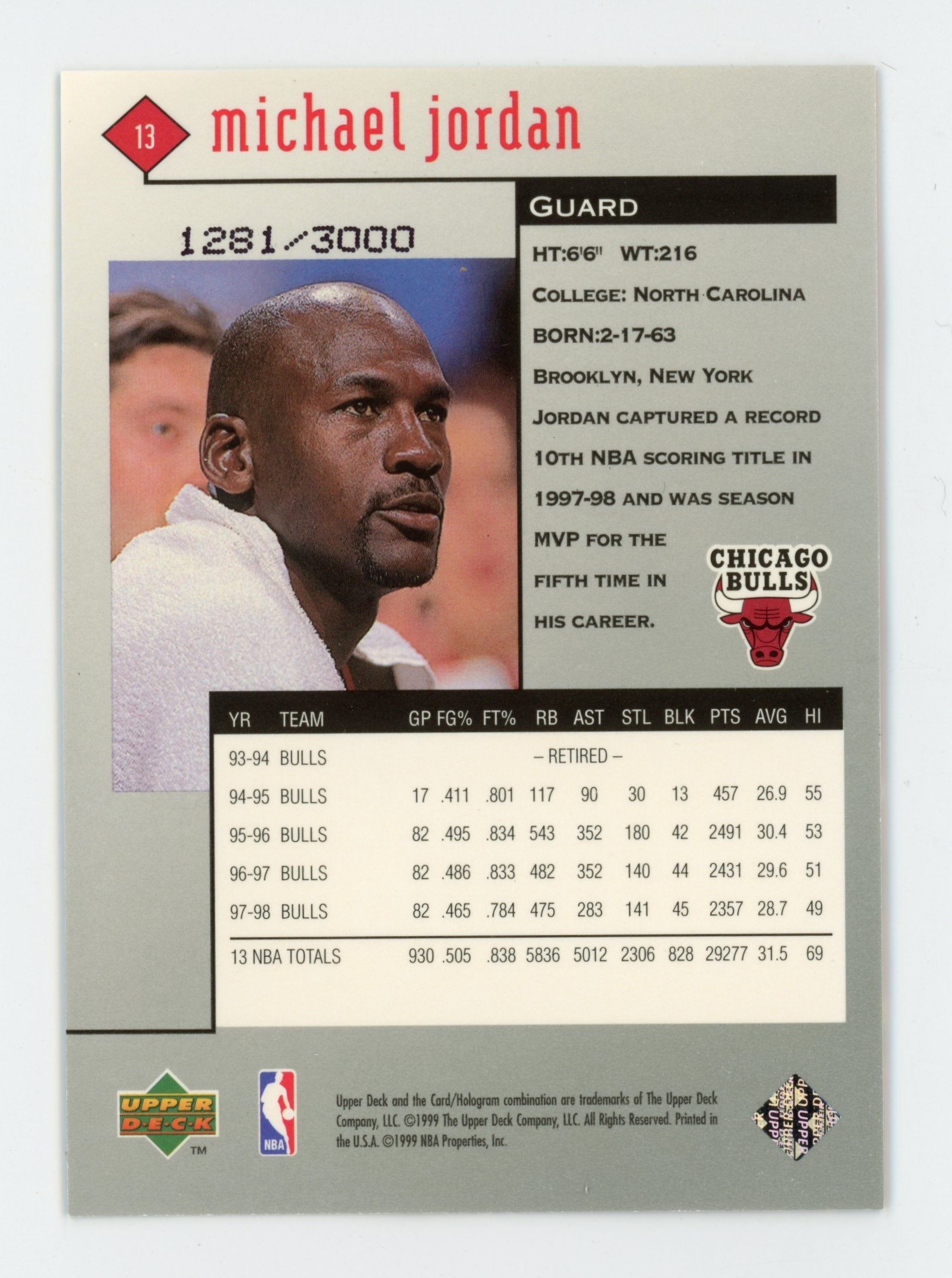 Michael Jordan 1999 UD Black Diamond /3000 #13 Chicago Bulls   