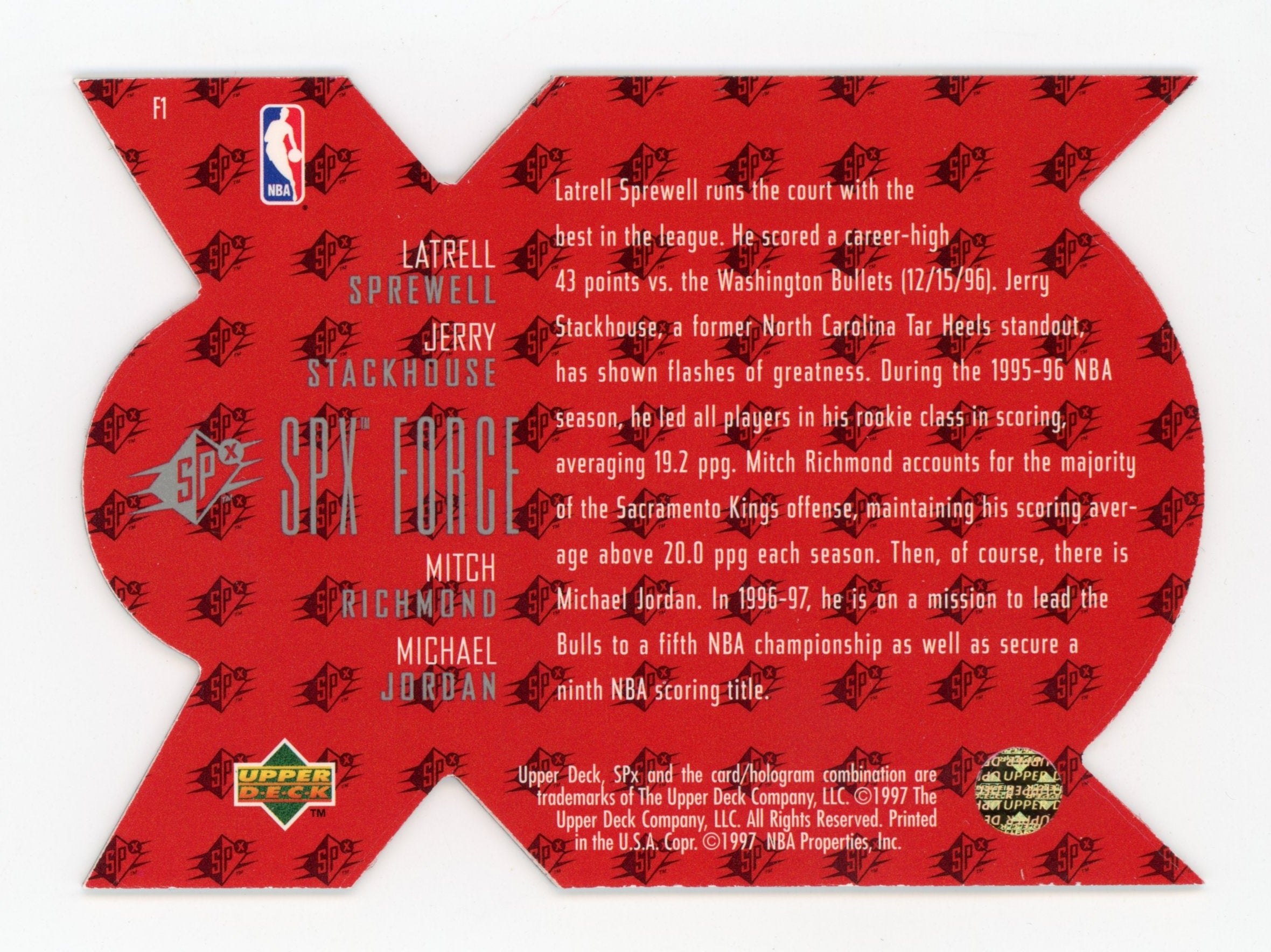Michael Jordan 1997 UD SPx Force Die-Cut Sprewell Stackhouse #F1   