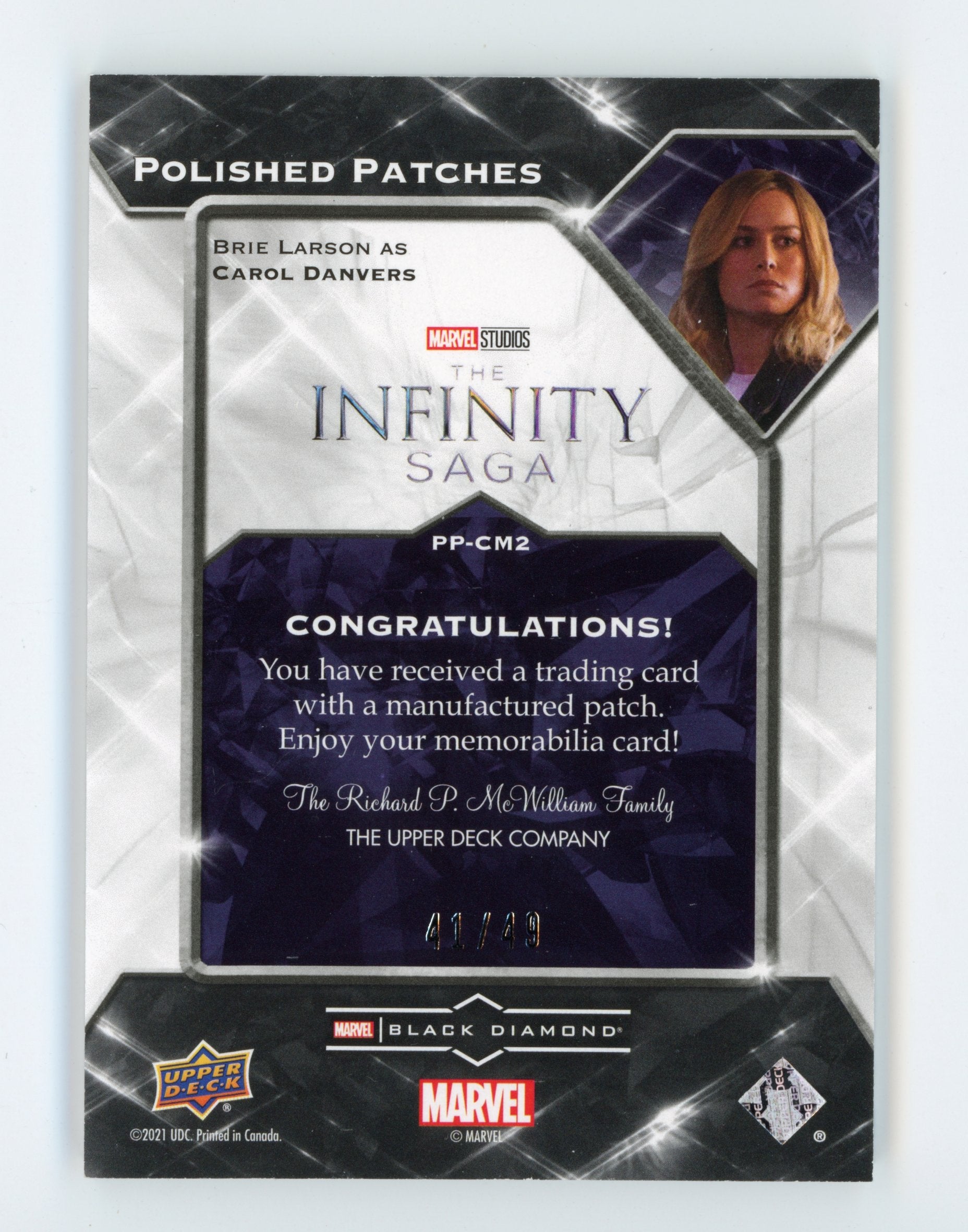 Brie Larson 2021 UD Black Diamond Polished Patches Captain Marvel /49 #PP-CM2   