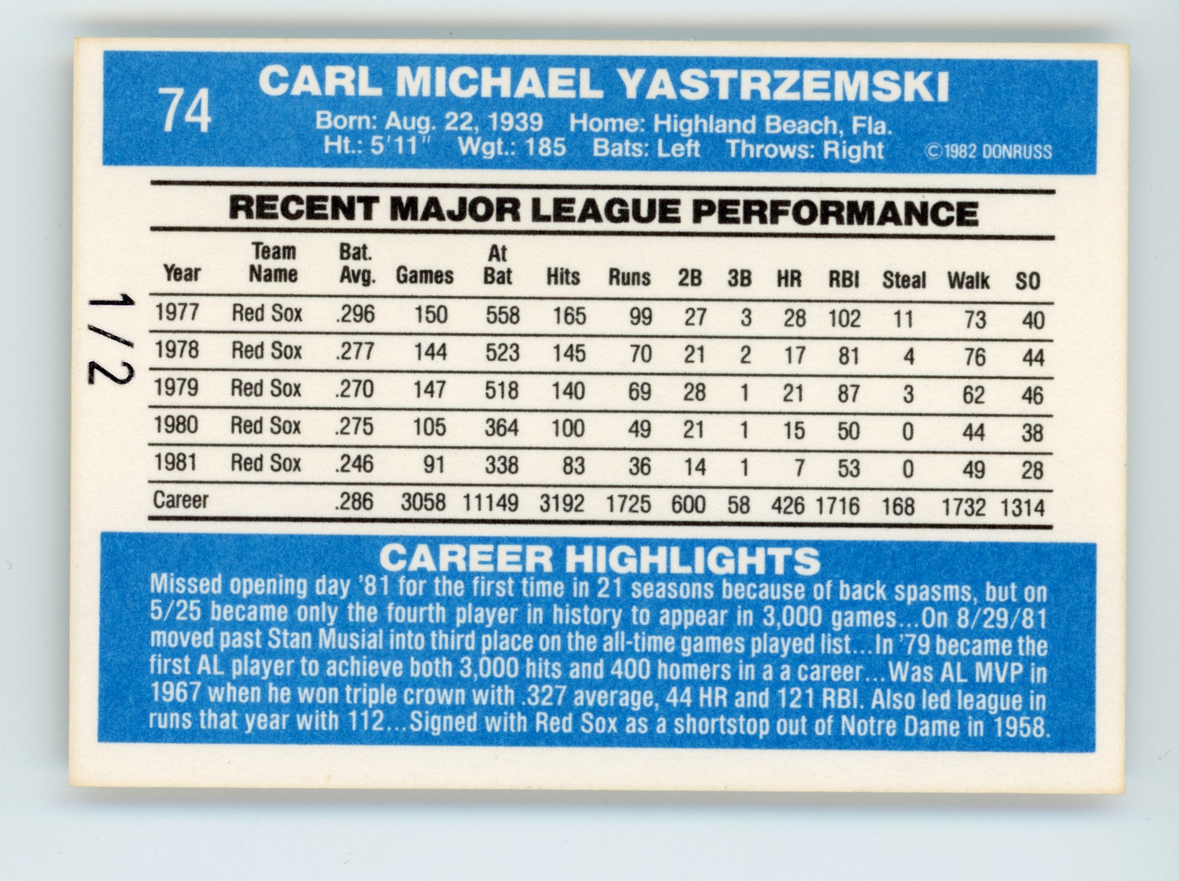 Carl Yastrzemski 1982 Donruss #74 Recollection Collection /2 Auto Red Sox   