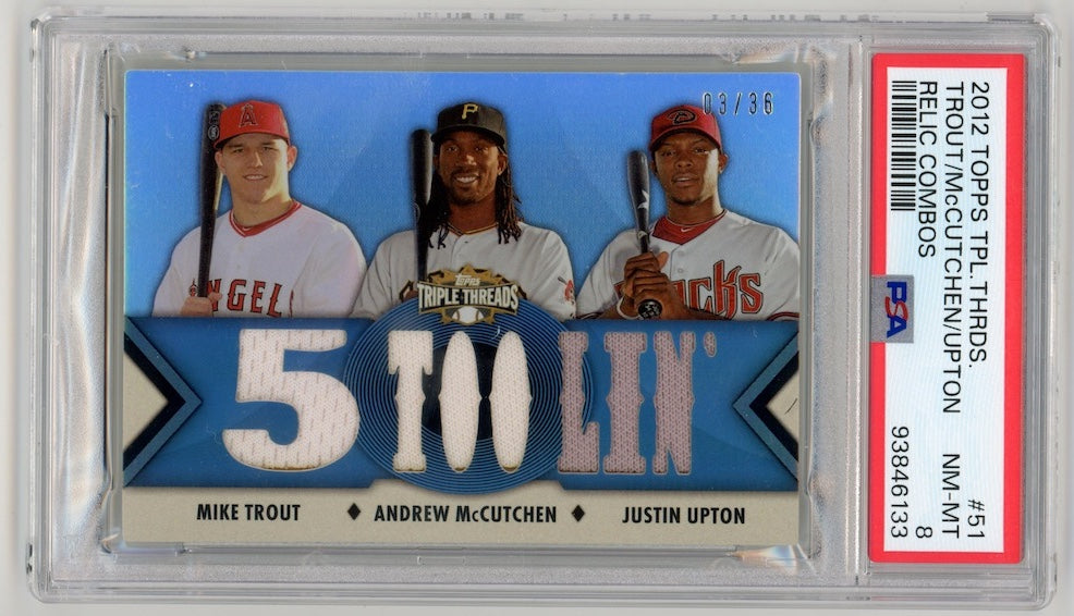 Mike Trout Andrew McCutchen Justin Upton 2012 Topps Triple Threads Relic Combos #51 /36  PSA 8