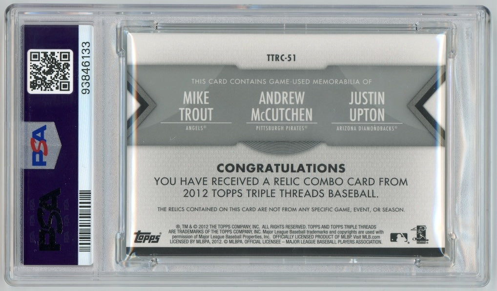 Mike Trout Andrew McCutchen Justin Upton 2012 Topps Triple Threads Relic Combos #51 /36  PSA 8