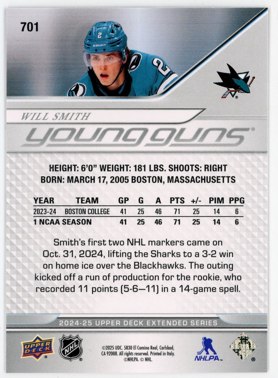 Will Smith 2024-25 UD Upper Deck Young Guns #701 Rookie RC San Jose Sharks Card GA 