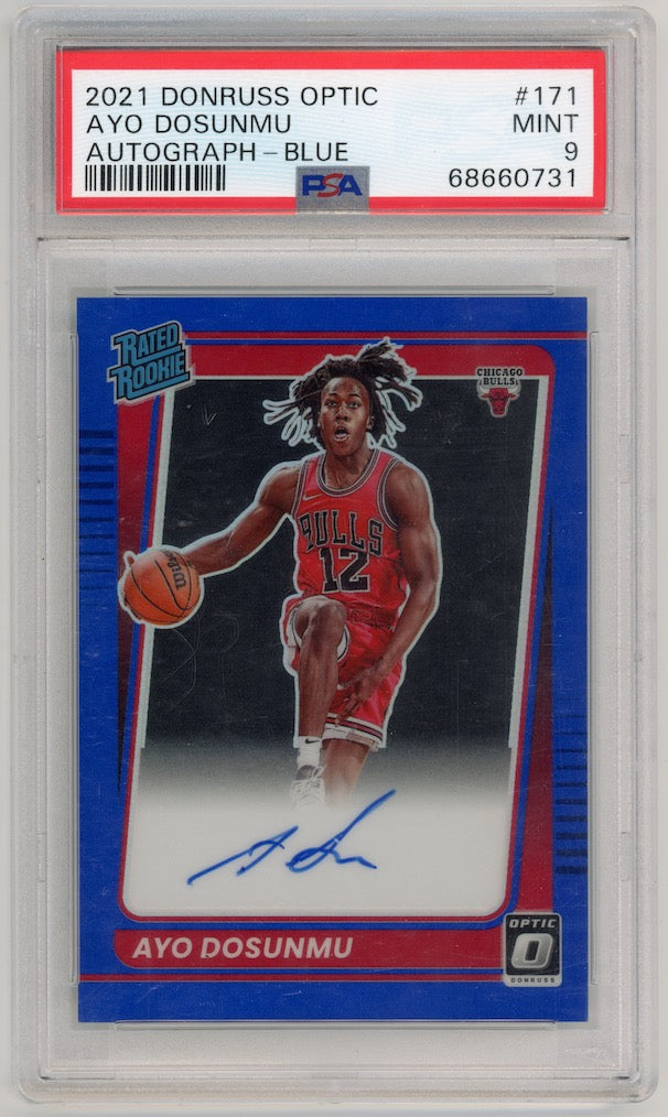 Ayo Dosunmu 2021 Panini Donruss Optic Autograph Blue #171 /49 Bulls Card PSA 9