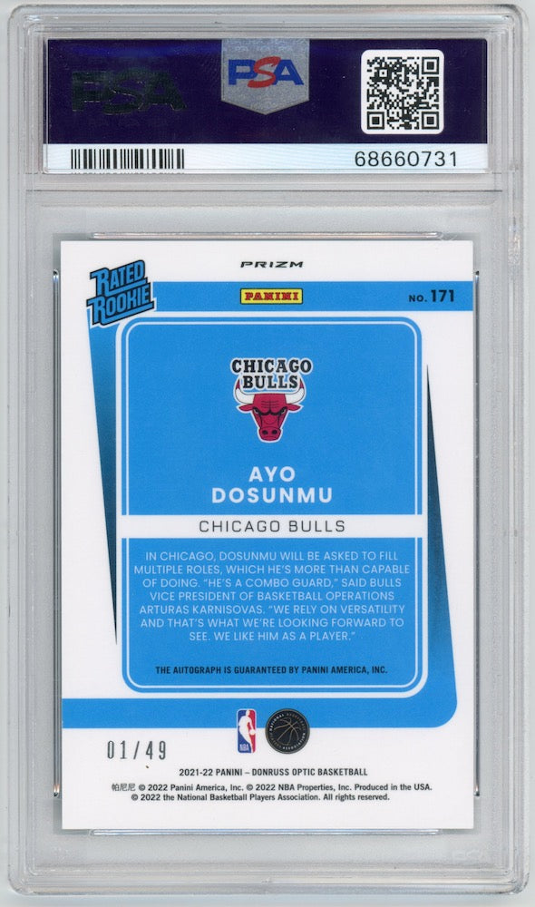 Ayo Dosunmu 2021 Panini Donruss Optic Autograph Blue #171 /49 Bulls Card PSA 9