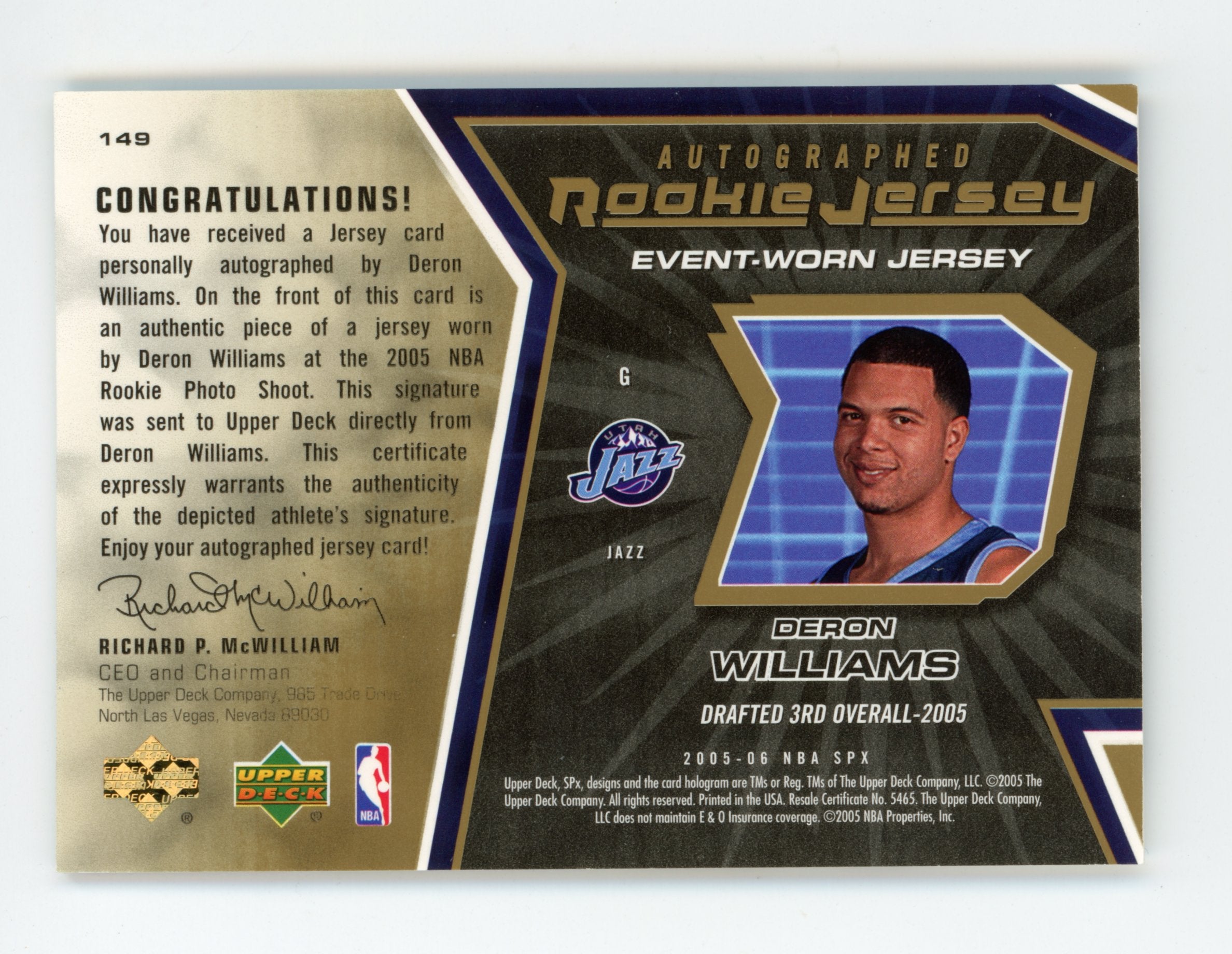 Deron Williams 2005-06 UD SPx Rookie Jersey Patch Auto #149 Utah Jazz   