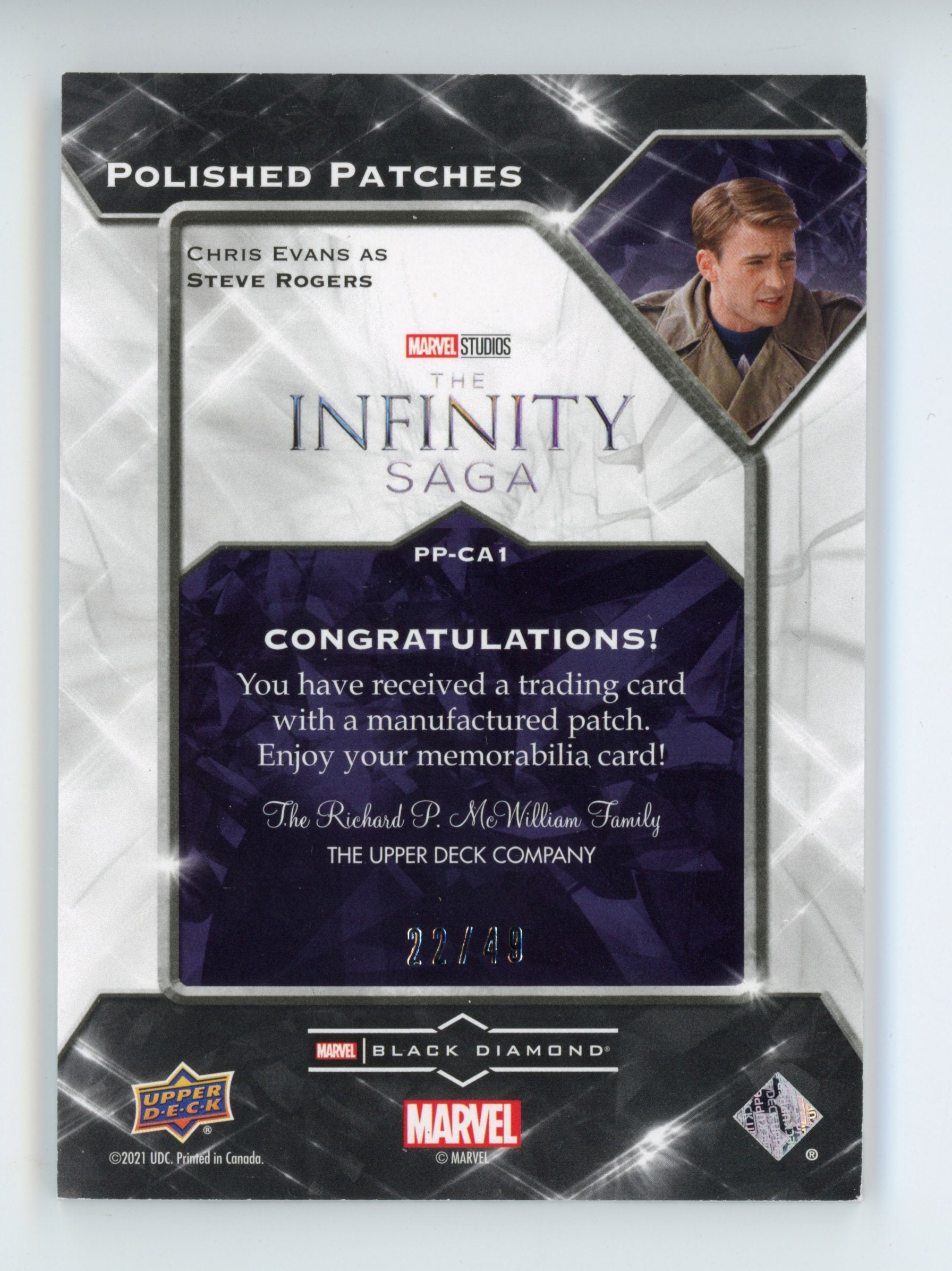 Chris Evans 2021 UD Black Diamond Polished Patches Captain America Steve Rogers /49   