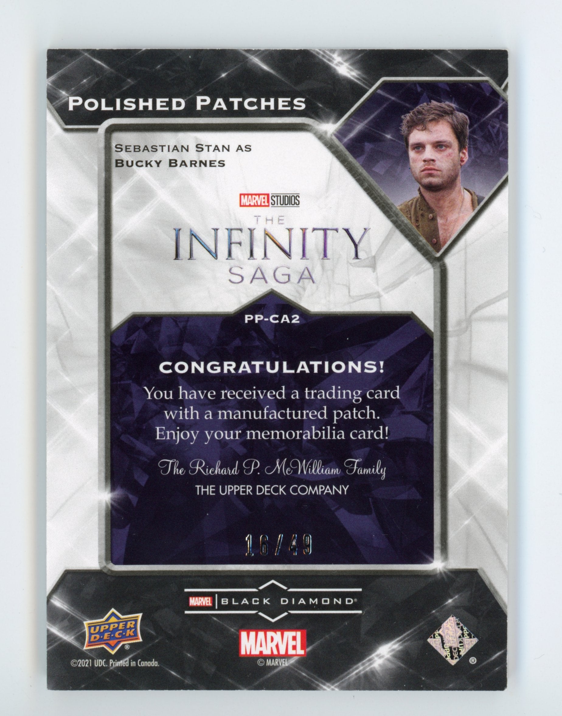 Sebastian Stan 2021 UD Black Diamond Polished Patches Captain America Bucky Barnes /49   