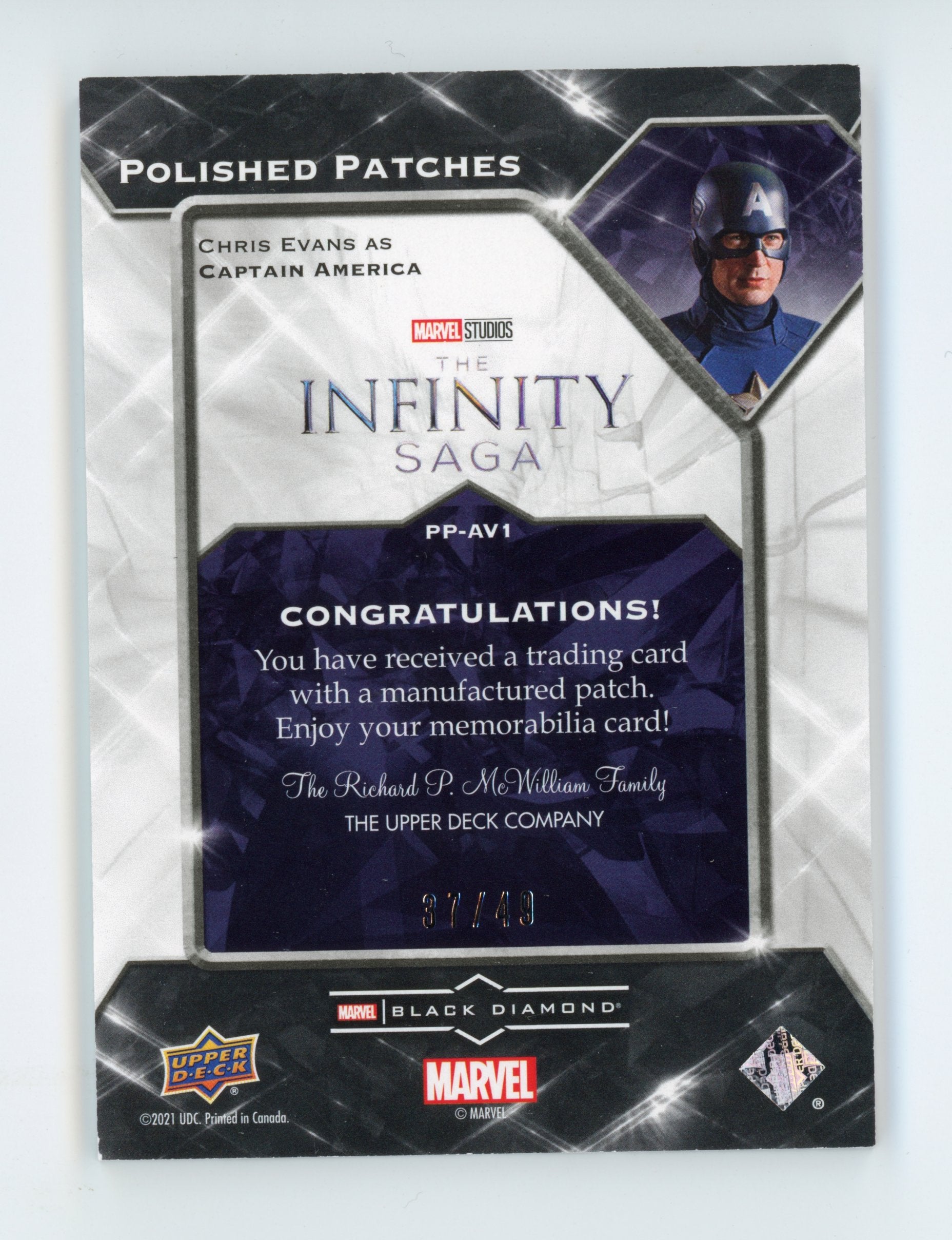 Chris Evans 2021 UD Black Diamond Polished Patches Avengers Captain America /49   