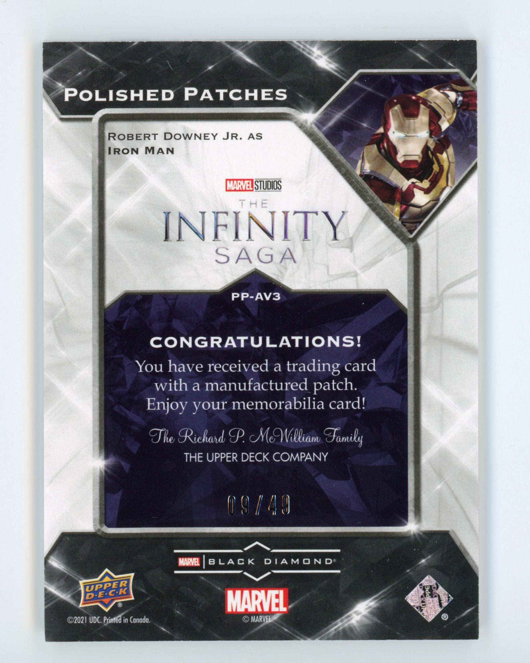 Robert Downey Jr 2021 UD Black Diamond Polished Patches Avengers Iron Man /49   