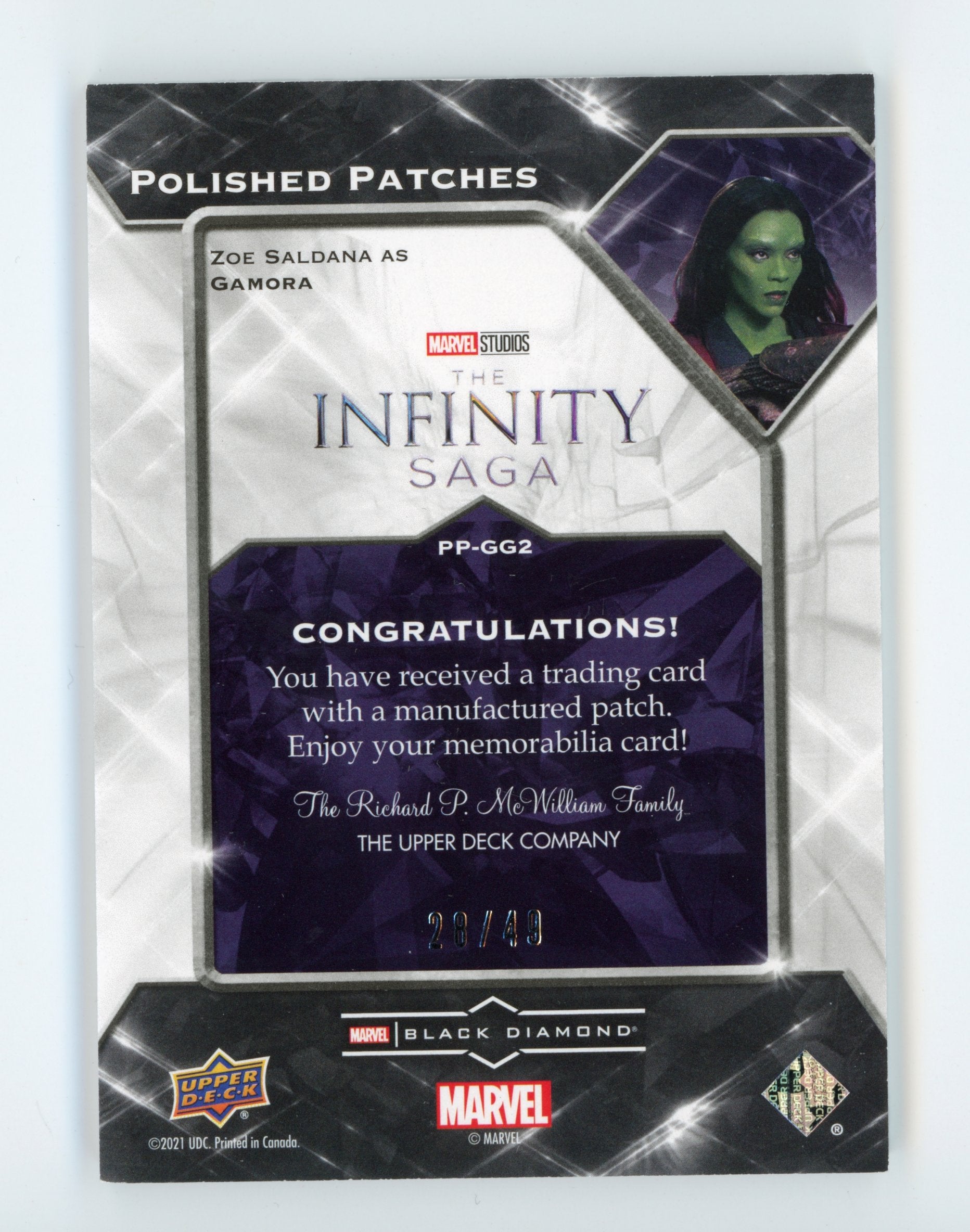 Zoe Saldana 2021 UD Black Diamond Polished Patches Gamora Guardians /49   