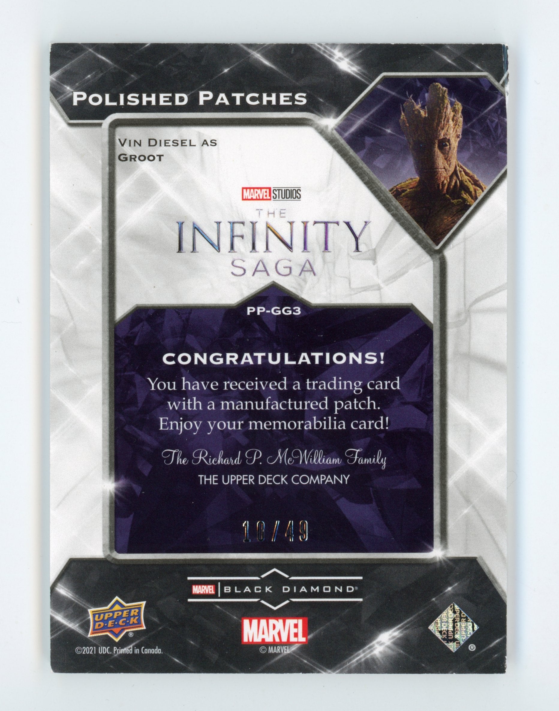 Vin Diesel 2021 UD Black Diamond Polished Patches Groot Guardians /49   
