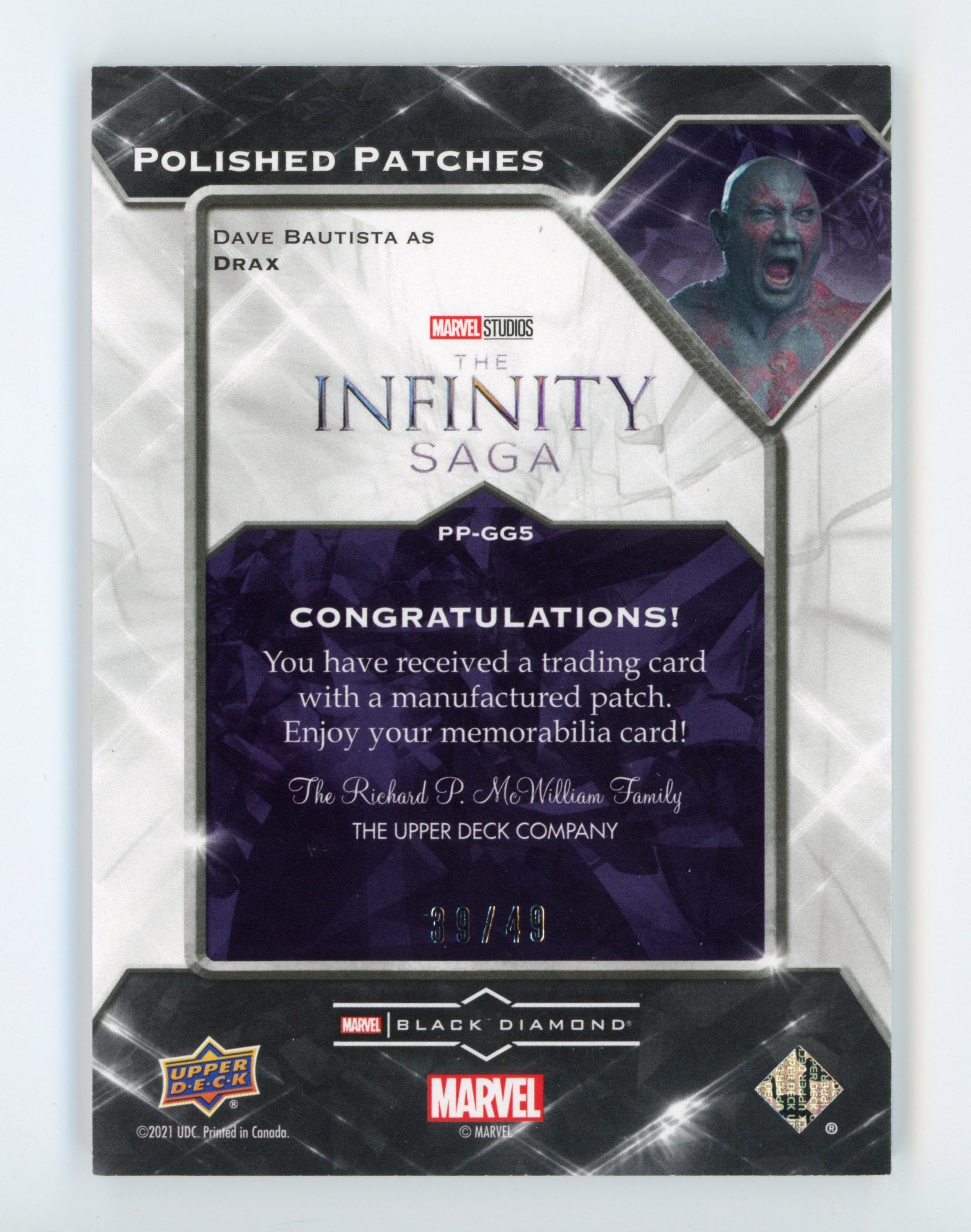 Dave Bautista 2021 UD Black Diamond Polished Patches Drax Guardians /49   