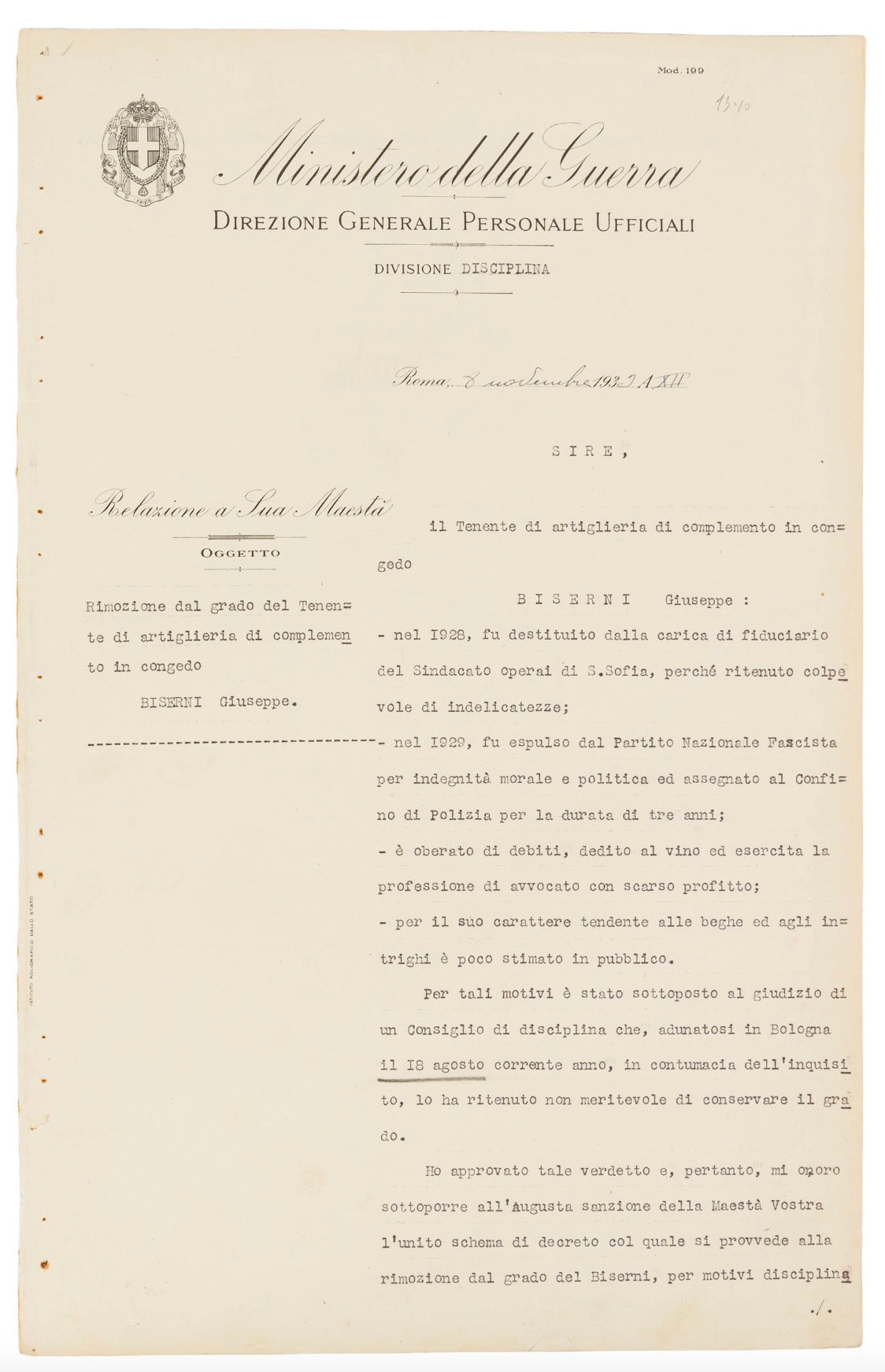 Benito Mussolini Italian Dictator Autographed Signed 1933 Military Document AMCo LOA