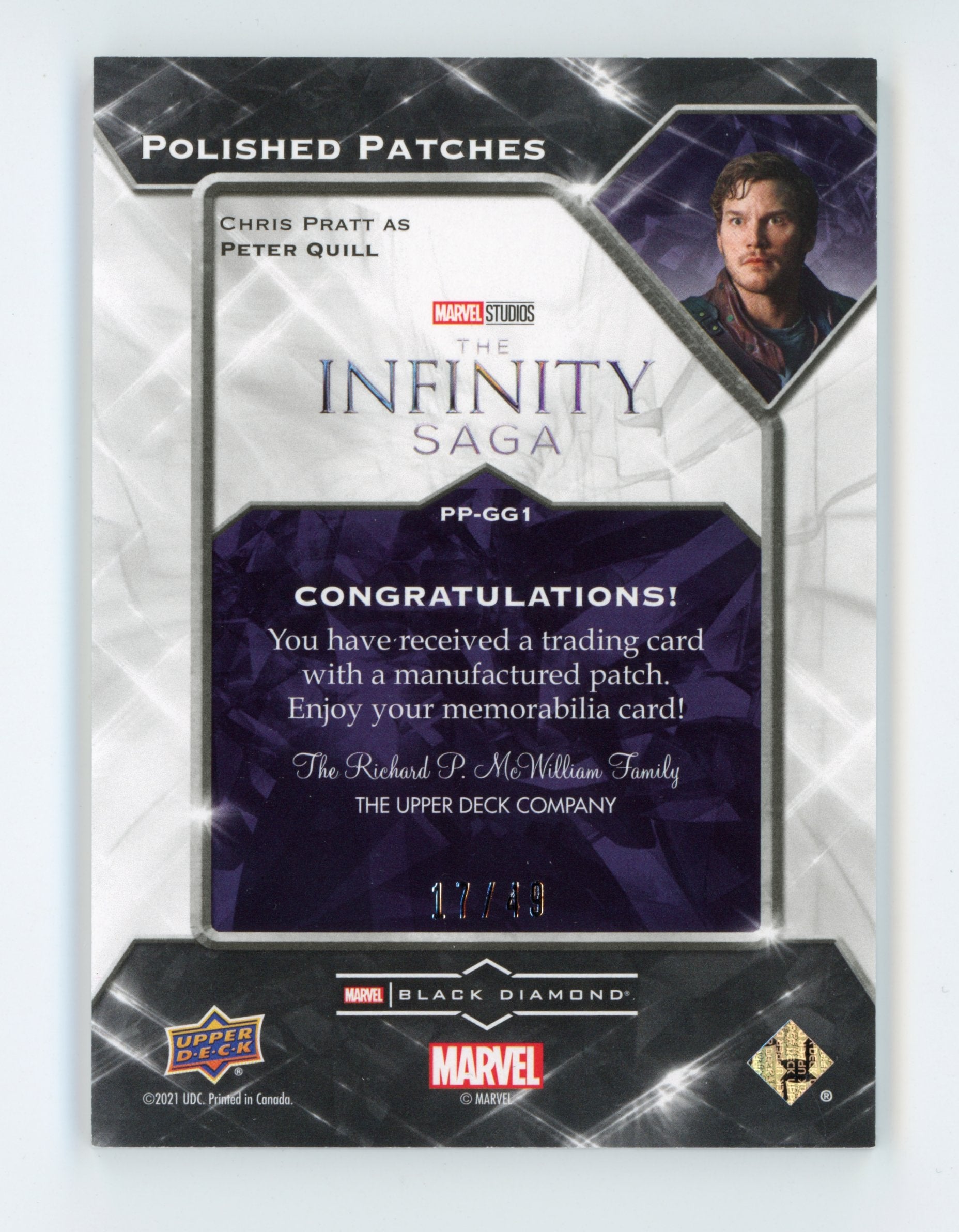 Chris Pratt 2021 UD Black Diamond Polished Patches Peter Quill Guardians /49   