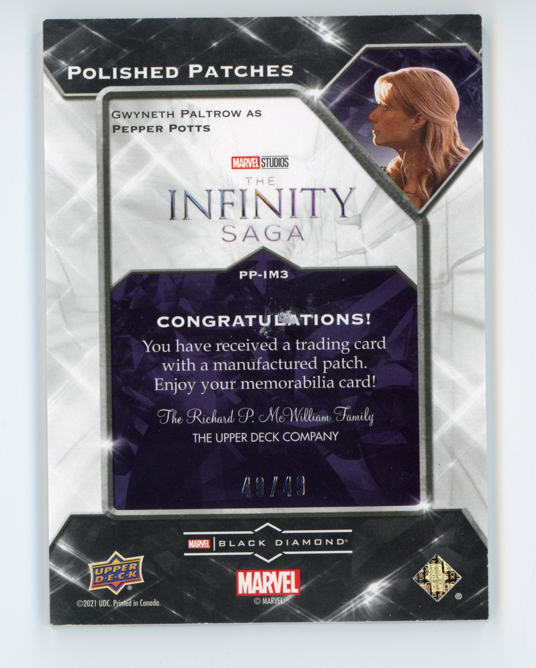 Gwyneth Paltrow 2021 UD Black Diamond Polished Patches Pepper Potts Iron Man /49   