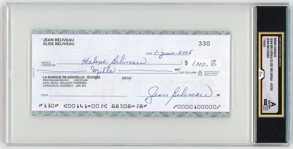 Jean Beliveau Montreal Canadiens Autographed Signed Bank Check iCert 