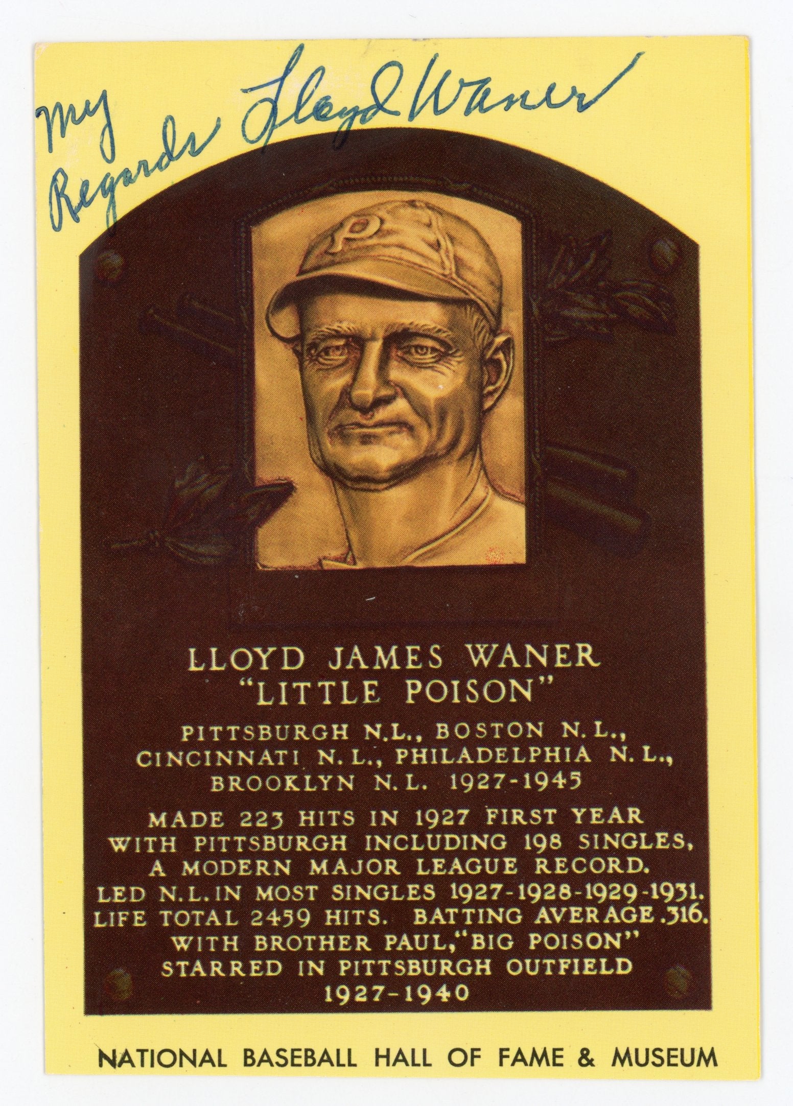 Lloyd Waner Pittsburgh Pirates Autographed Signed HOF Plaque Postcard AMCo COA