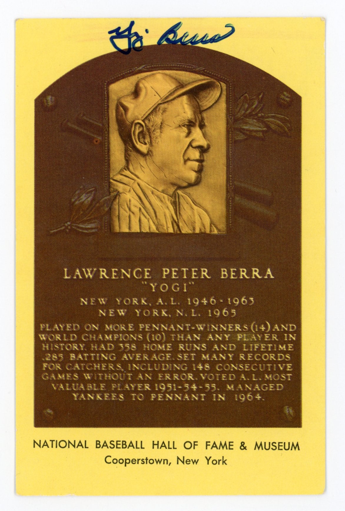 Yogi Berra New York Yankees Autographed Signed Gold HOF Plaque AMCo COA