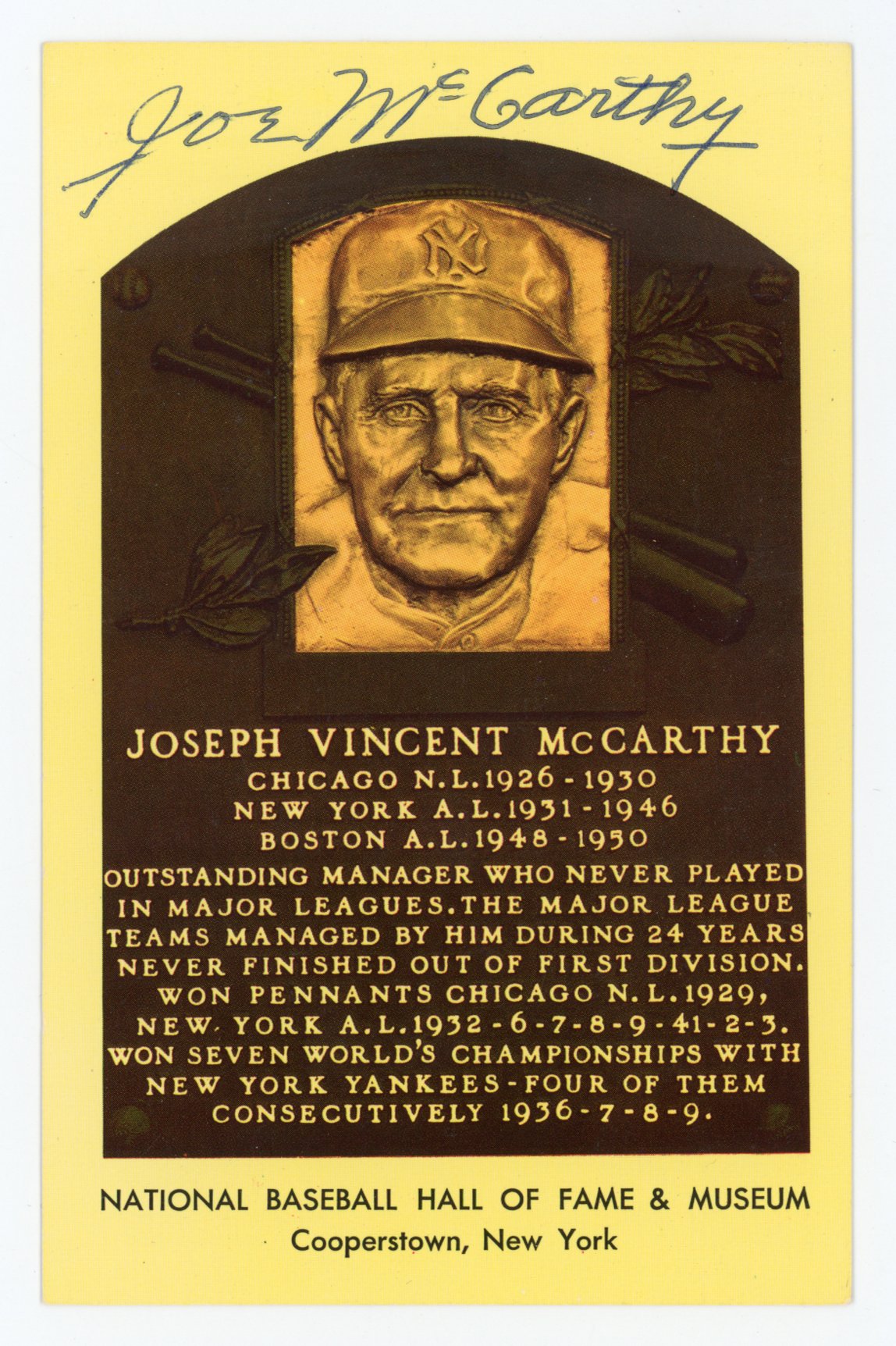 Joe McCarthy New York Yankees Autographed Signed Gold HOF Plaque AMCo COA