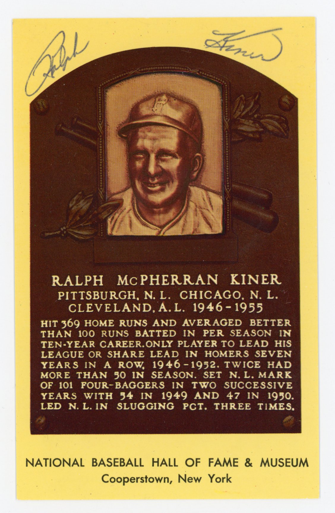 Ralph Kiner Pittsburgh Pirates Autographed Signed Gold HOF Plaque AMCo COA