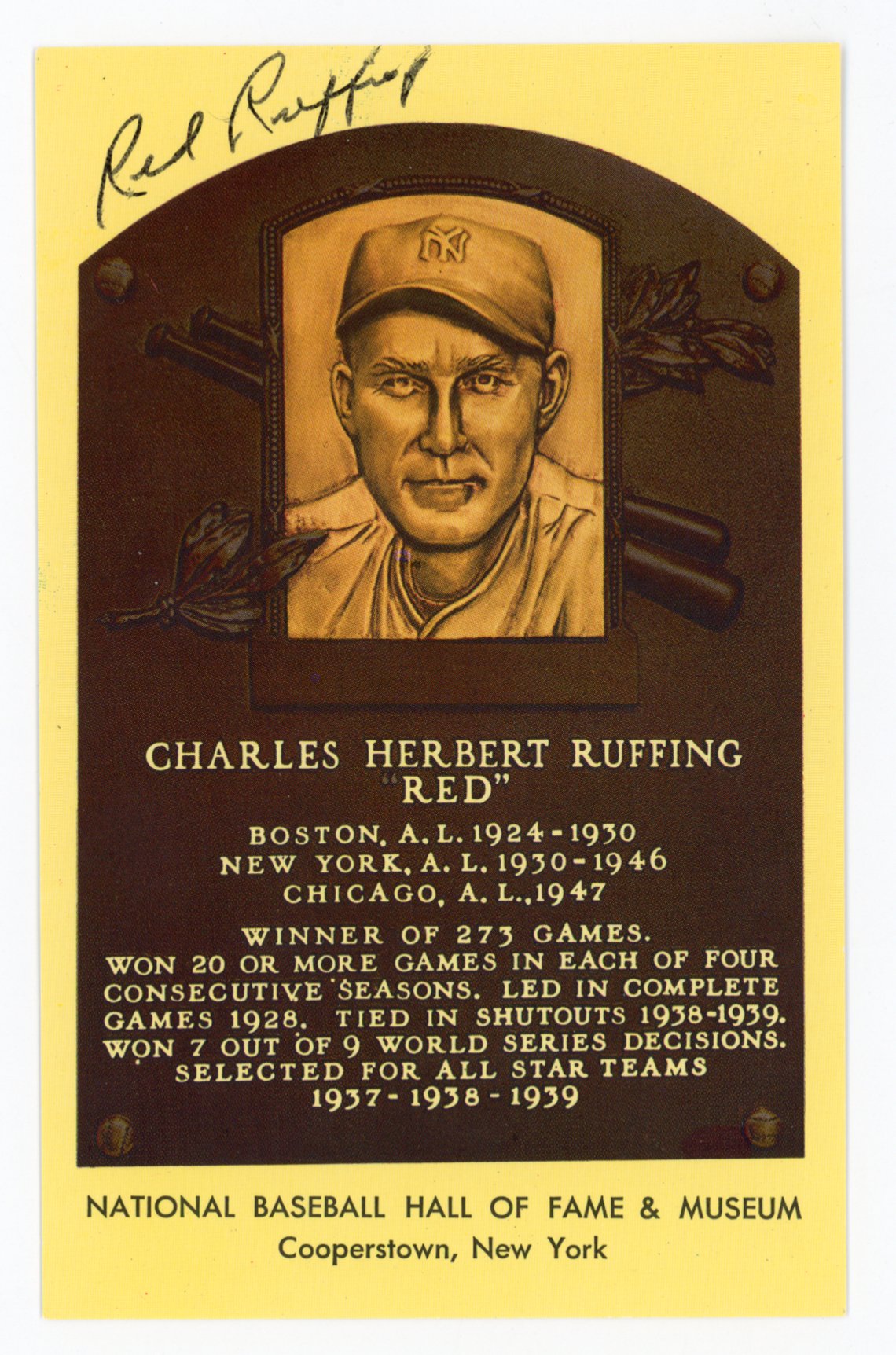 Red Ruffing New York Yankees Autographed Signed Gold HOF Plaque AMCo COA
