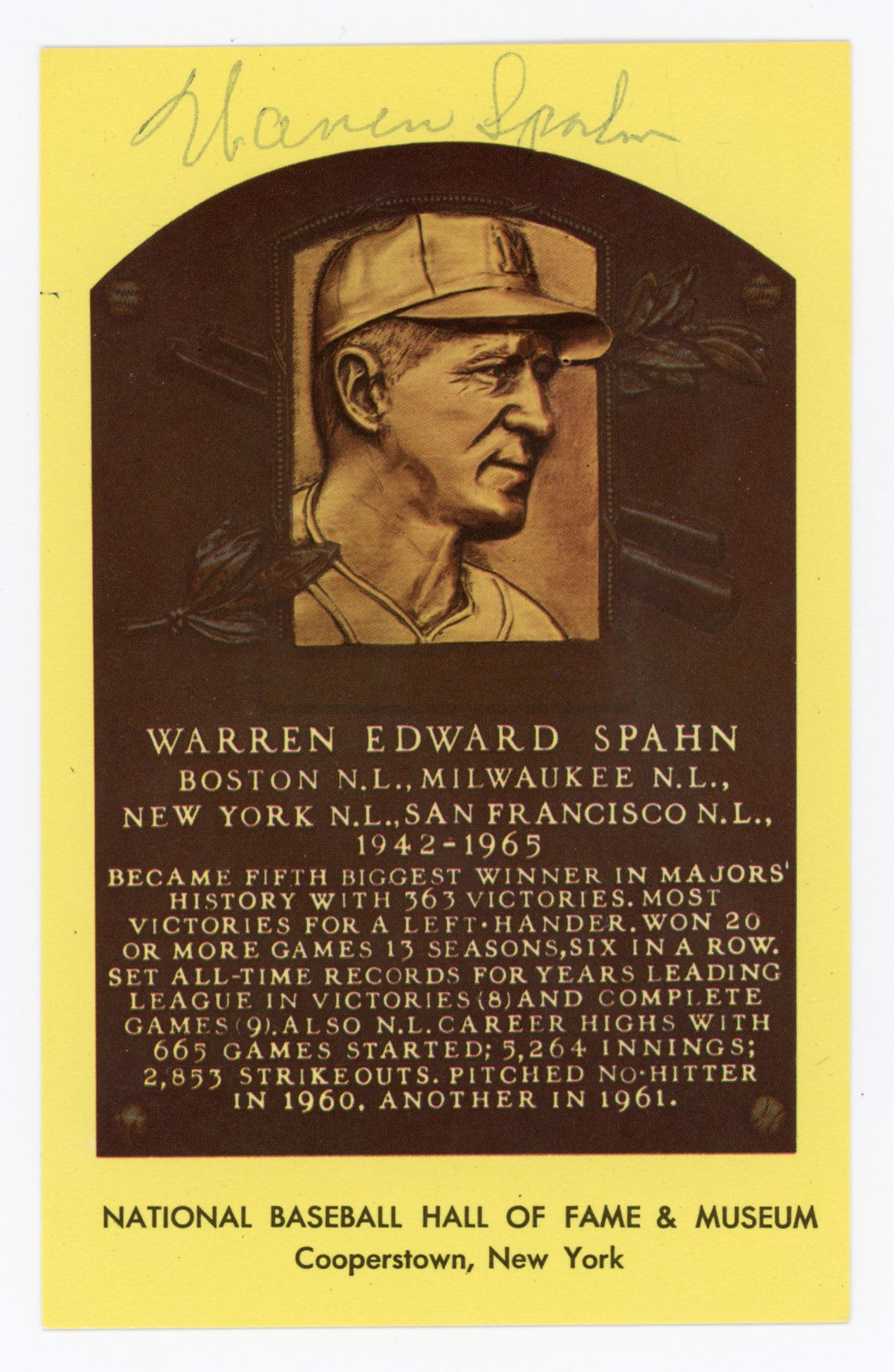 Warren Spahn Milwaukee Braves Autographed Signed Gold HOF Plaque AMCo COA