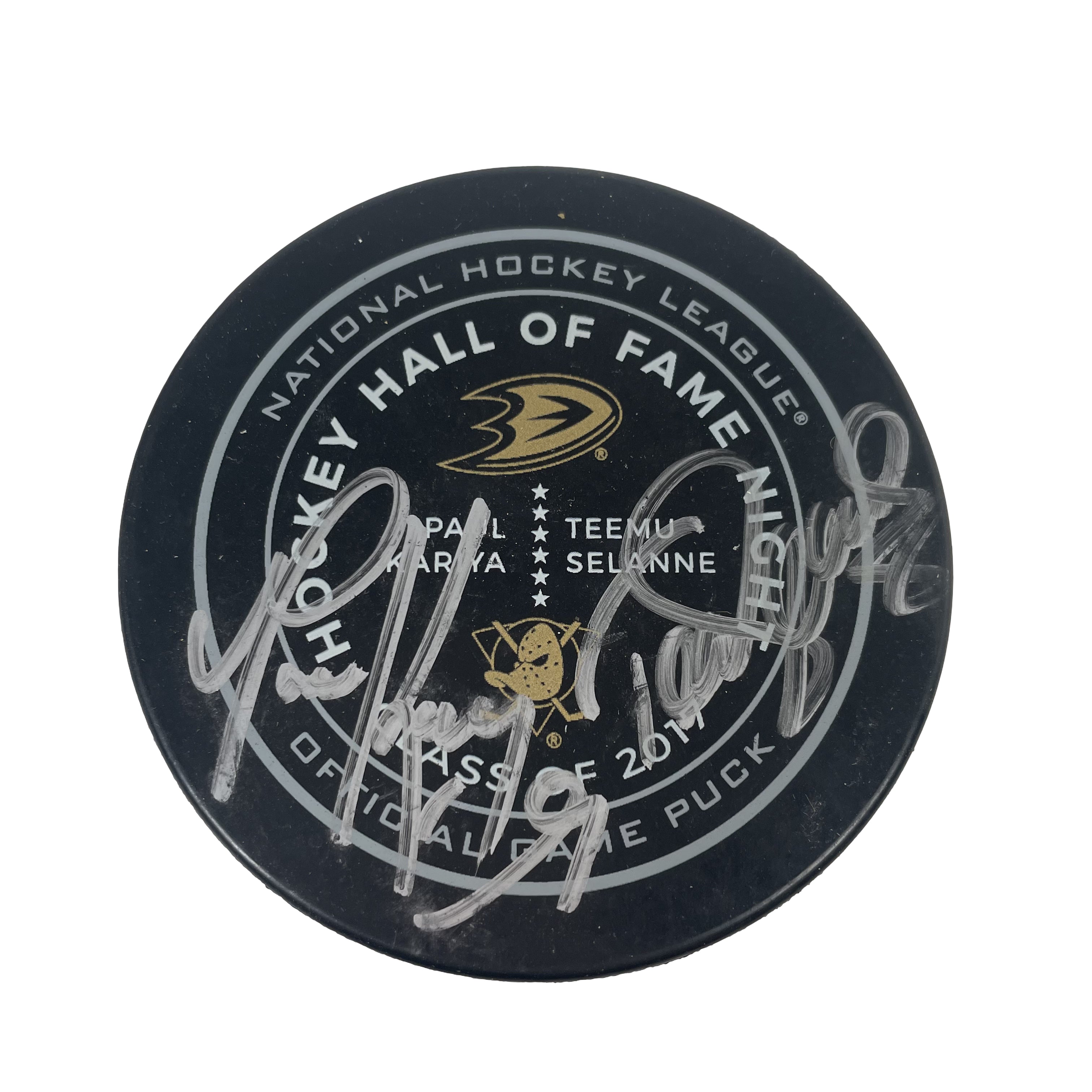 Paul Kariya & Teemu Selanne Anaheim Ducks Dual Autographed Signed Hockey Puck JSA COA