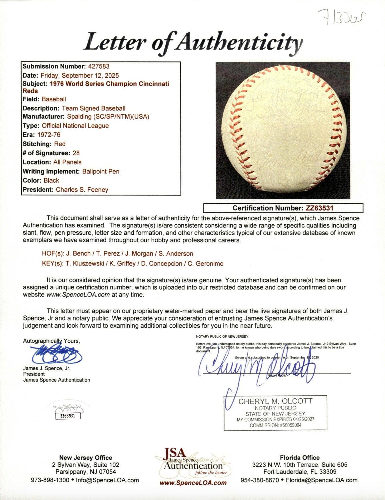 1976 Cincinnati Reds World Series Champions Autographed Signed Baseball Baseball JSA LOA