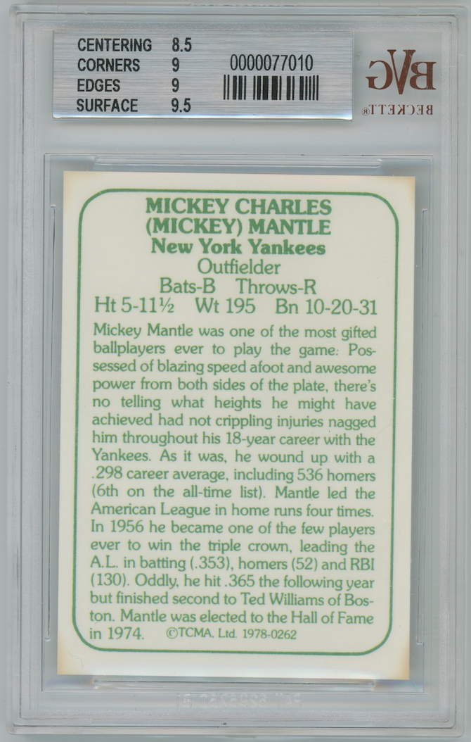 Mickey Mantle 1978 TCMA #262 New York Yankees  BGS 9