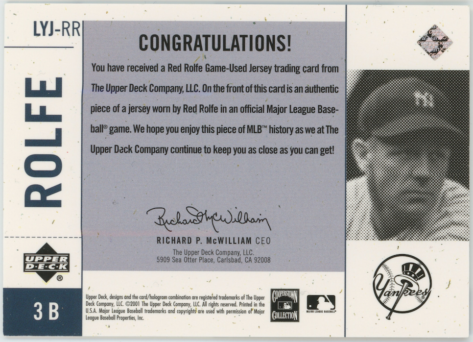 Red Rolfe 2001 UD Legendary Yankees Game Worn Jersey #LYJ-RR