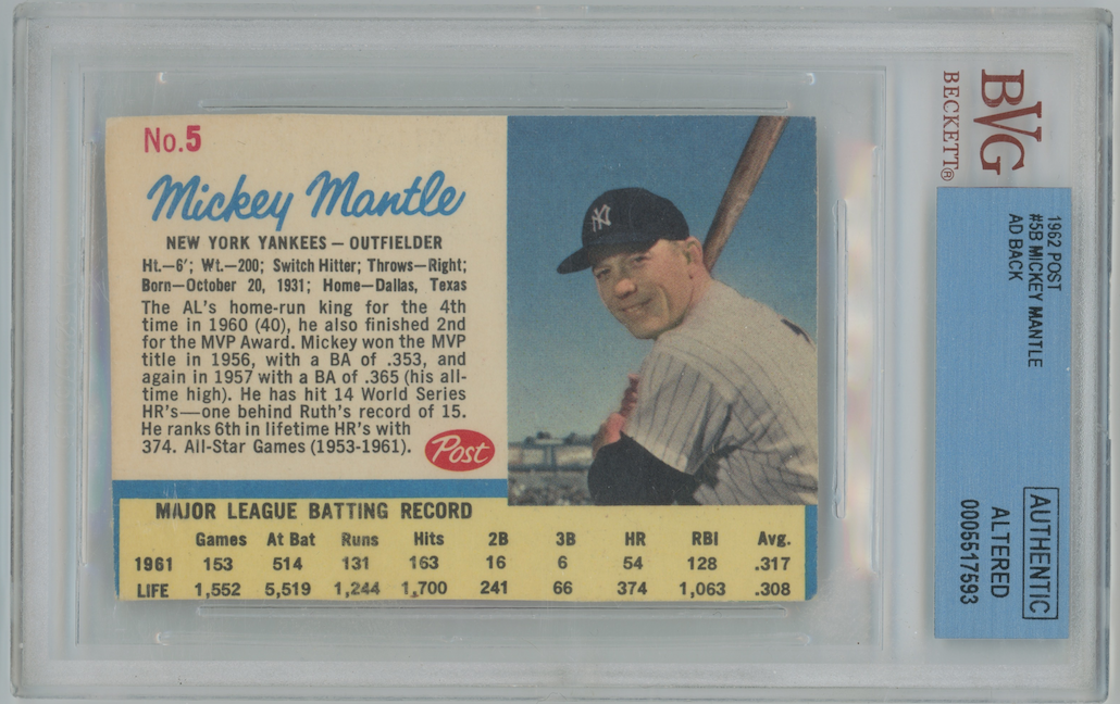 Mickey Mantle 1962 Post #5B Ad Back Hand Cut Yankees Card BGS Authentic