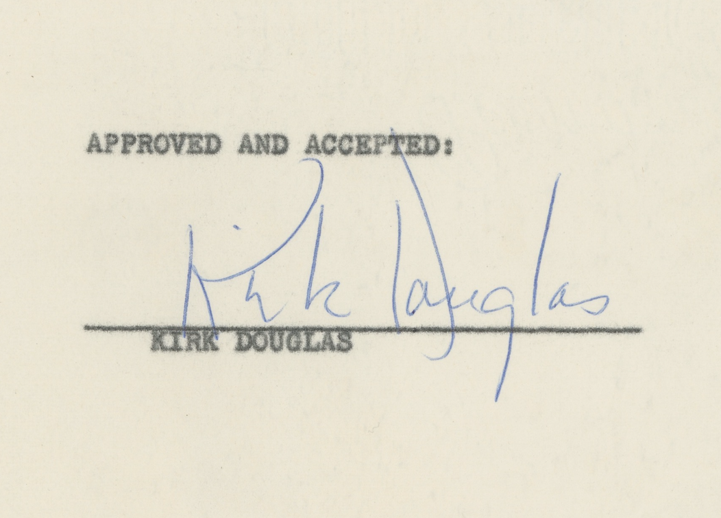 Kirk Douglas Autographed Signed Original Movie Contract AMCo LOA