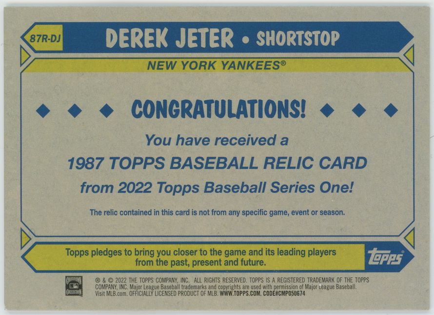 Derek Jeter 2022 Topps Series 1 35th Anniversary Bat 1987 Relic Card #87R-DJ