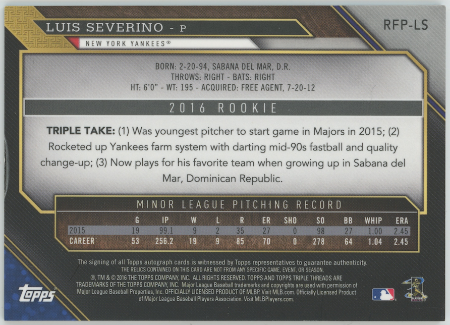 Luis Severino 2016 Topps Triple Threads Auto #RFP-LS New York Yankees