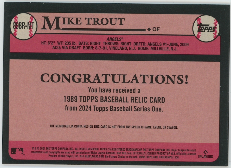 Mike Trout 2024 Topps Series 1 35th Anniversary Bat 1989 Relic Card #89BR-MT